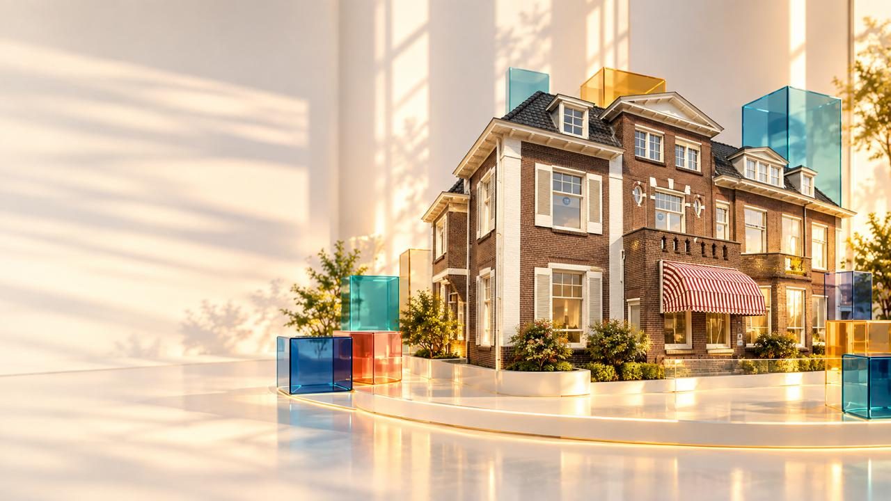 Maquette van het bakstenen kantoorpand met rood-wit gestreepte luifel, omringd door gekleurde glazen kubussen